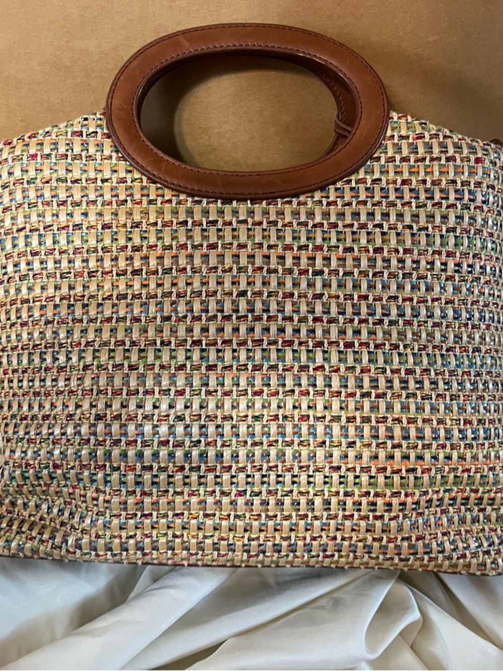 Fossil Woven Multicolor Straw bag with Brown Leather Trim - Picture 2 of 5